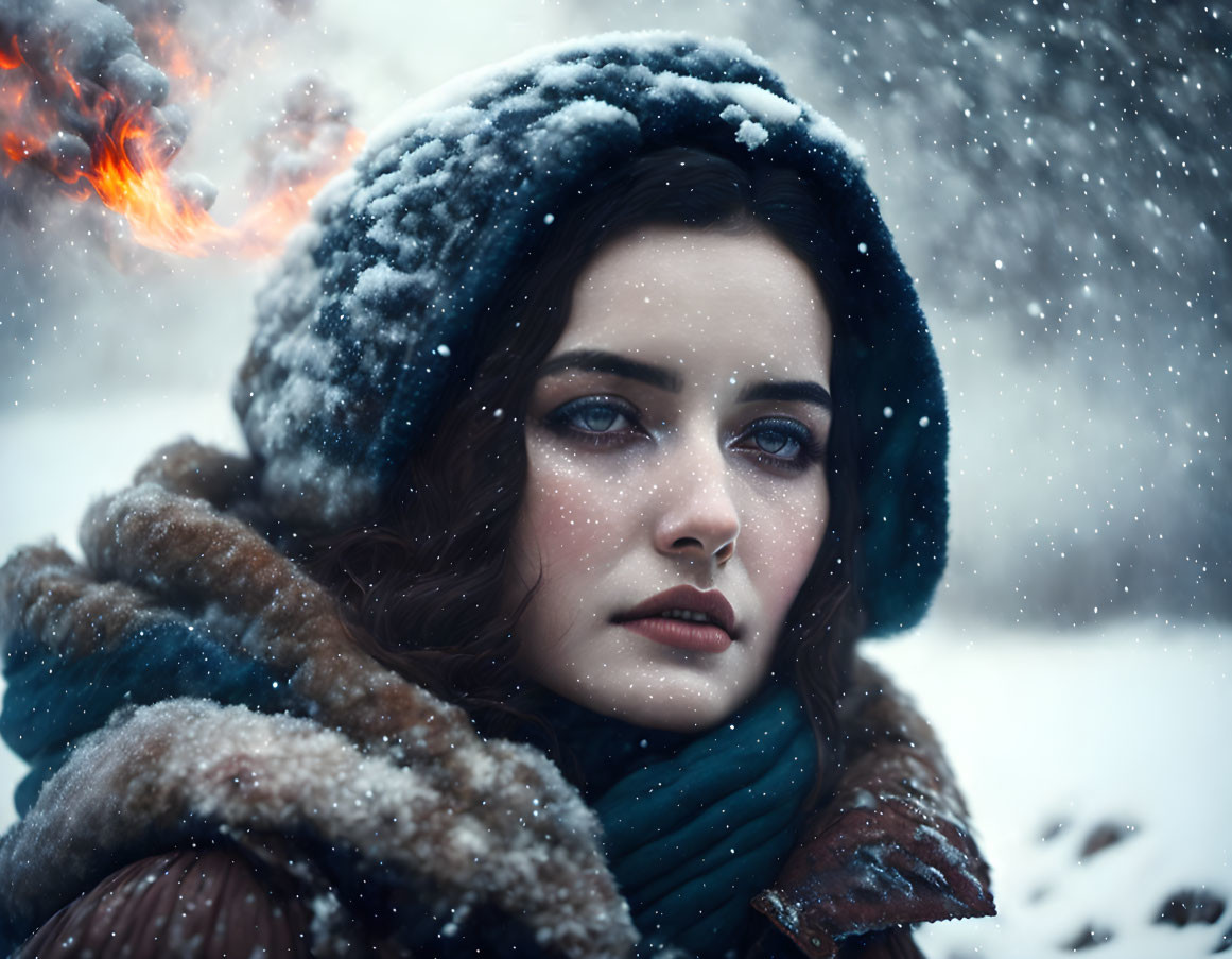 Contemplative woman with snowy hood and fiery anomaly in snowy setting