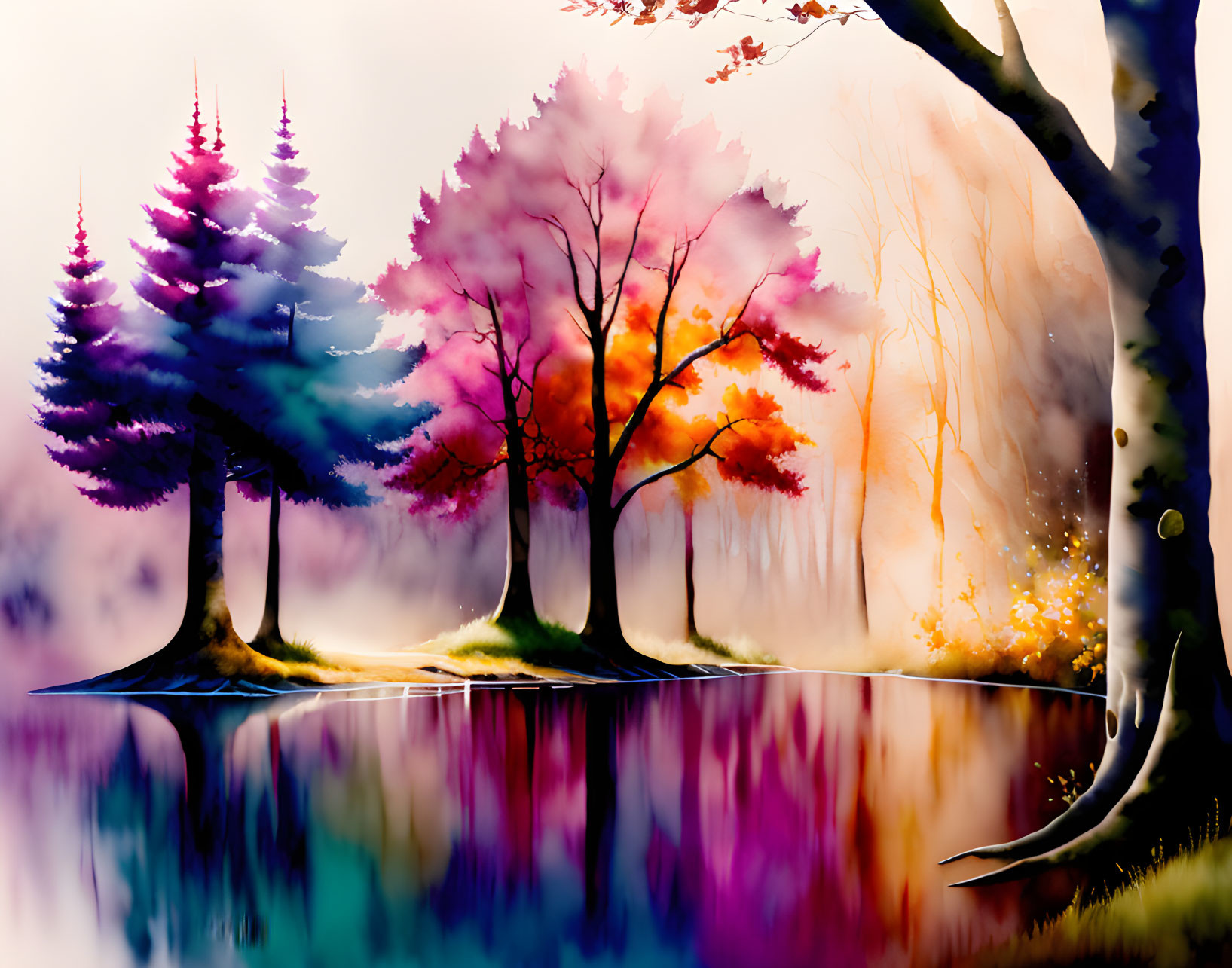 Colorful Watercolor Painting of Trees Reflecting in Lake