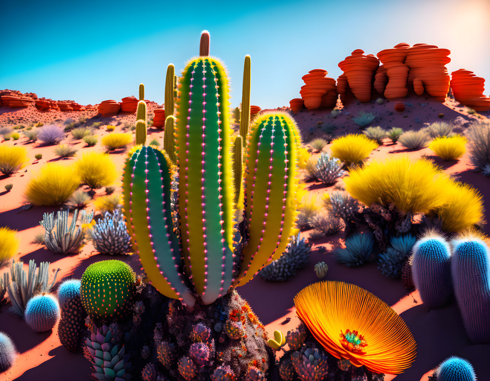 Colorful desert landscape with stylized cacti and rock formations