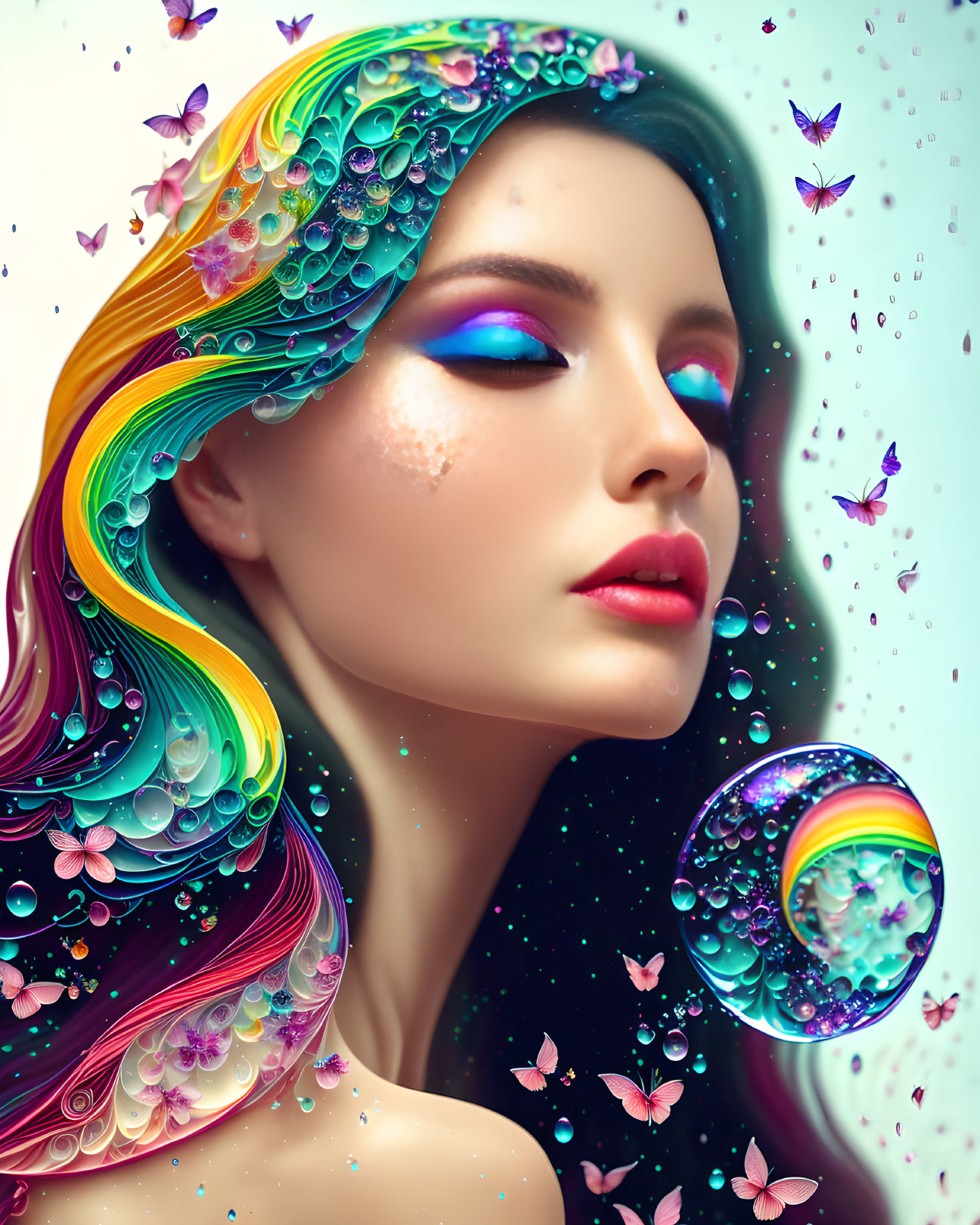 Colorful woman with flowing hair, bubbles, flowers, and butterflies on teal backdrop