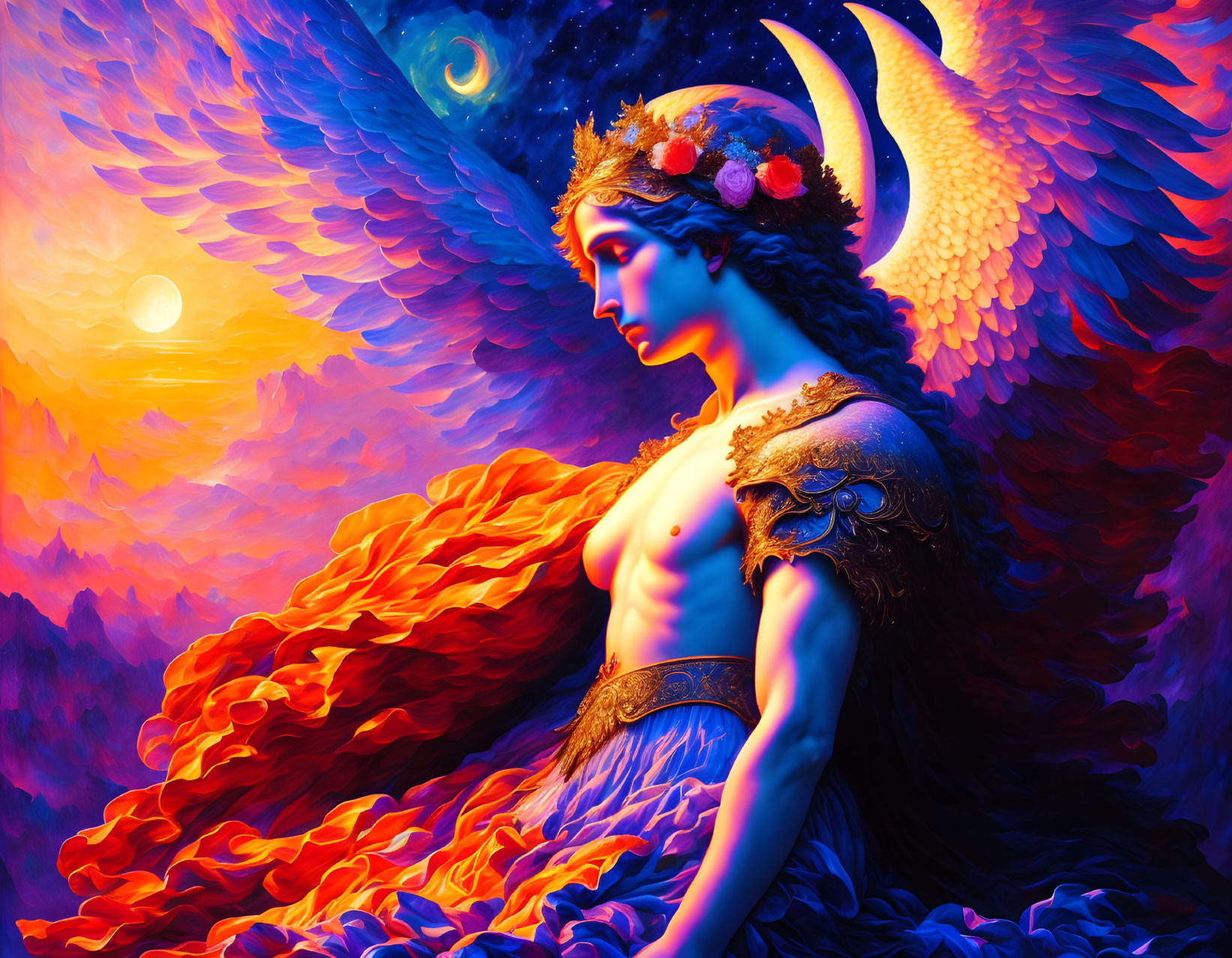 Colorful winged female figure with floral crown on fiery background.