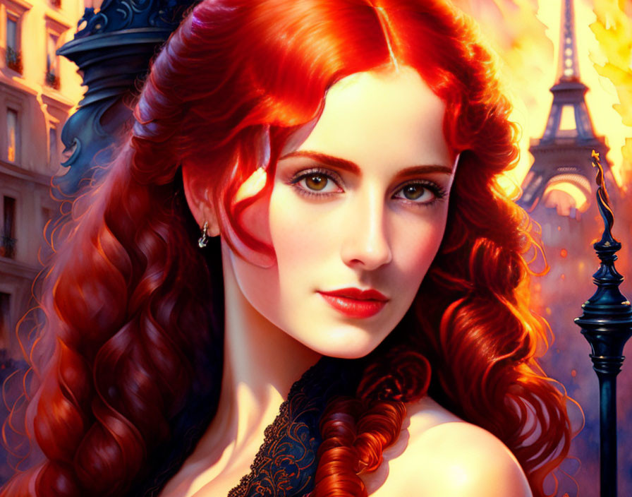 Vivid digital portrait of woman with red hair and green eyes against Eiffel Tower backdrop