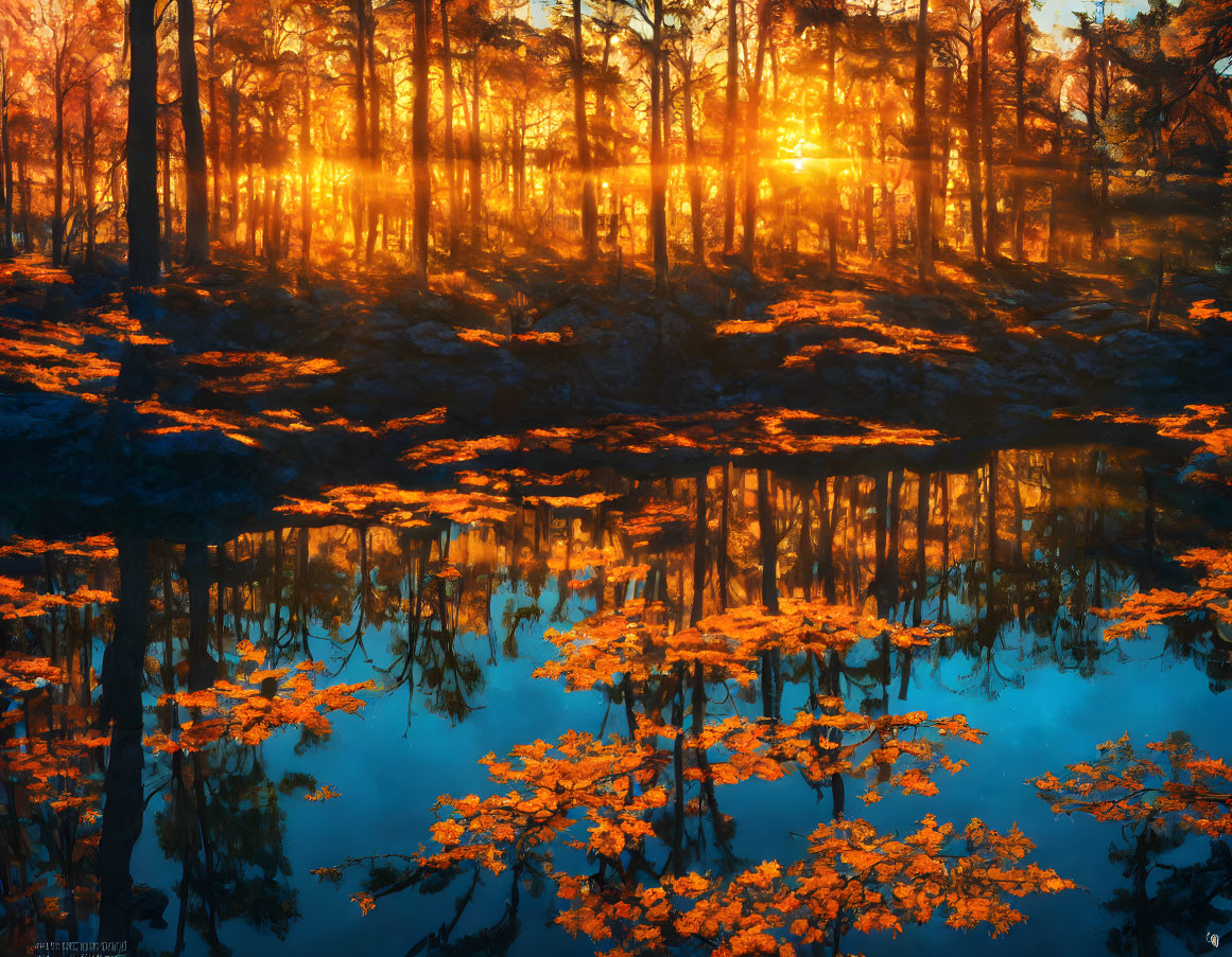 Tranquil blue lake mirrors sunlit autumn forest with golden leaves