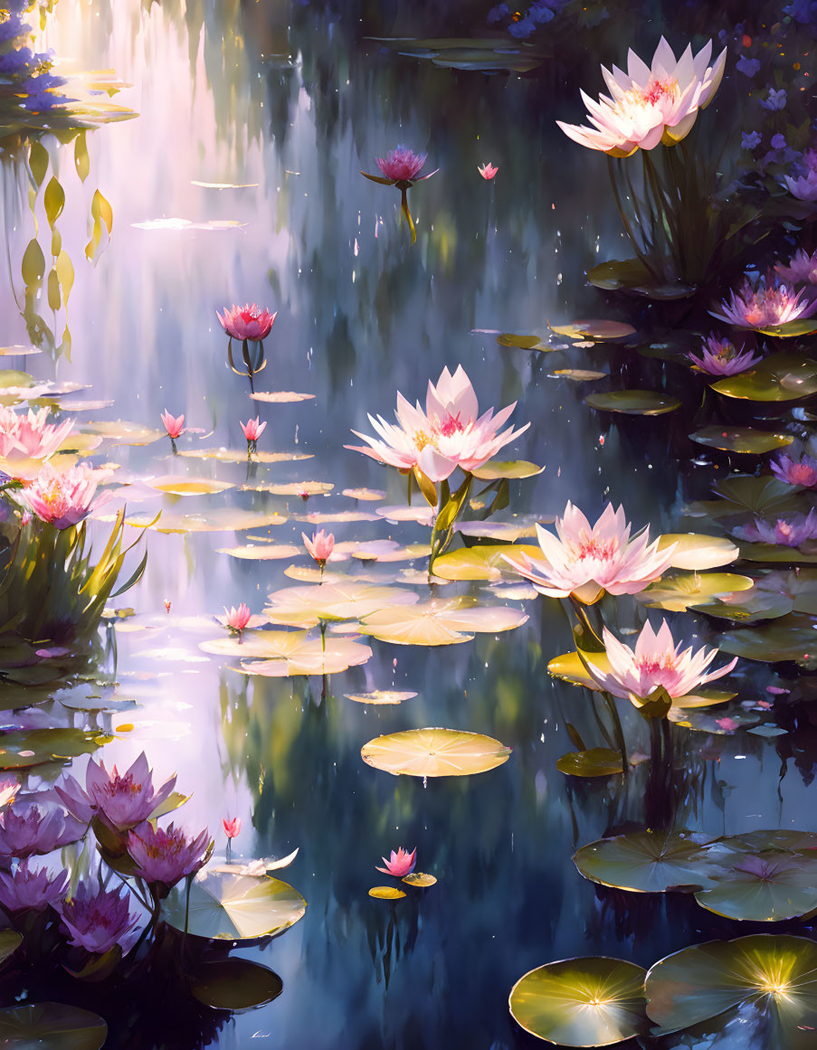 Sunlit Pond with Lotus Flowers and Lily Pads