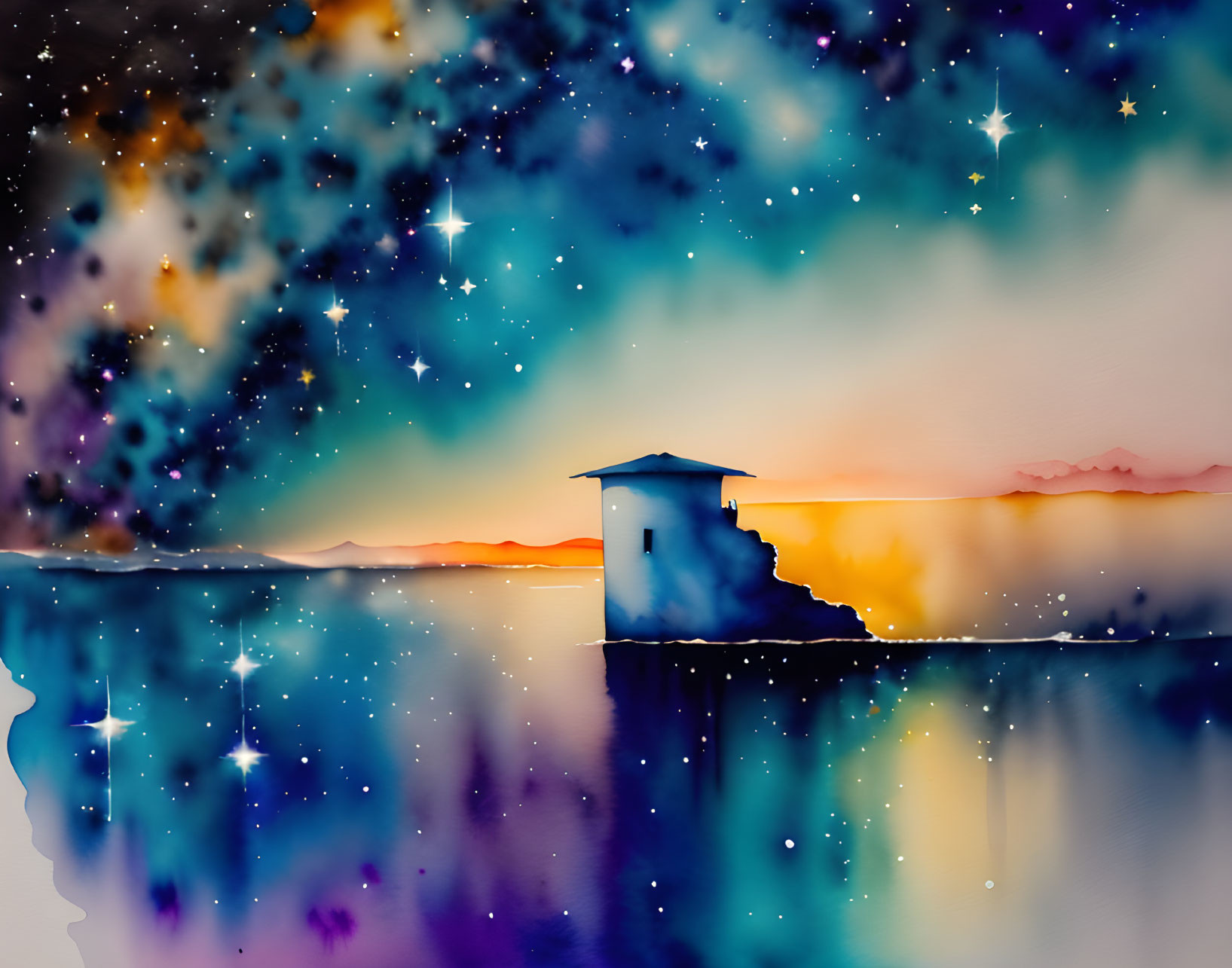 Digital artwork: Solitary house on cliff with starry sky and sunset horizon