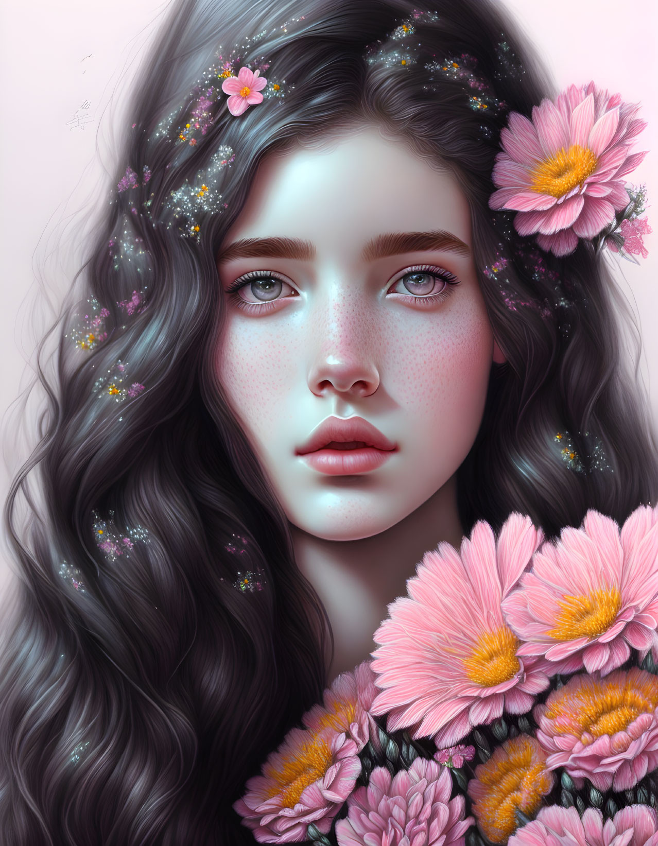 Young woman's digital portrait with dark hair and pink flowers, fair skin with freckles, and