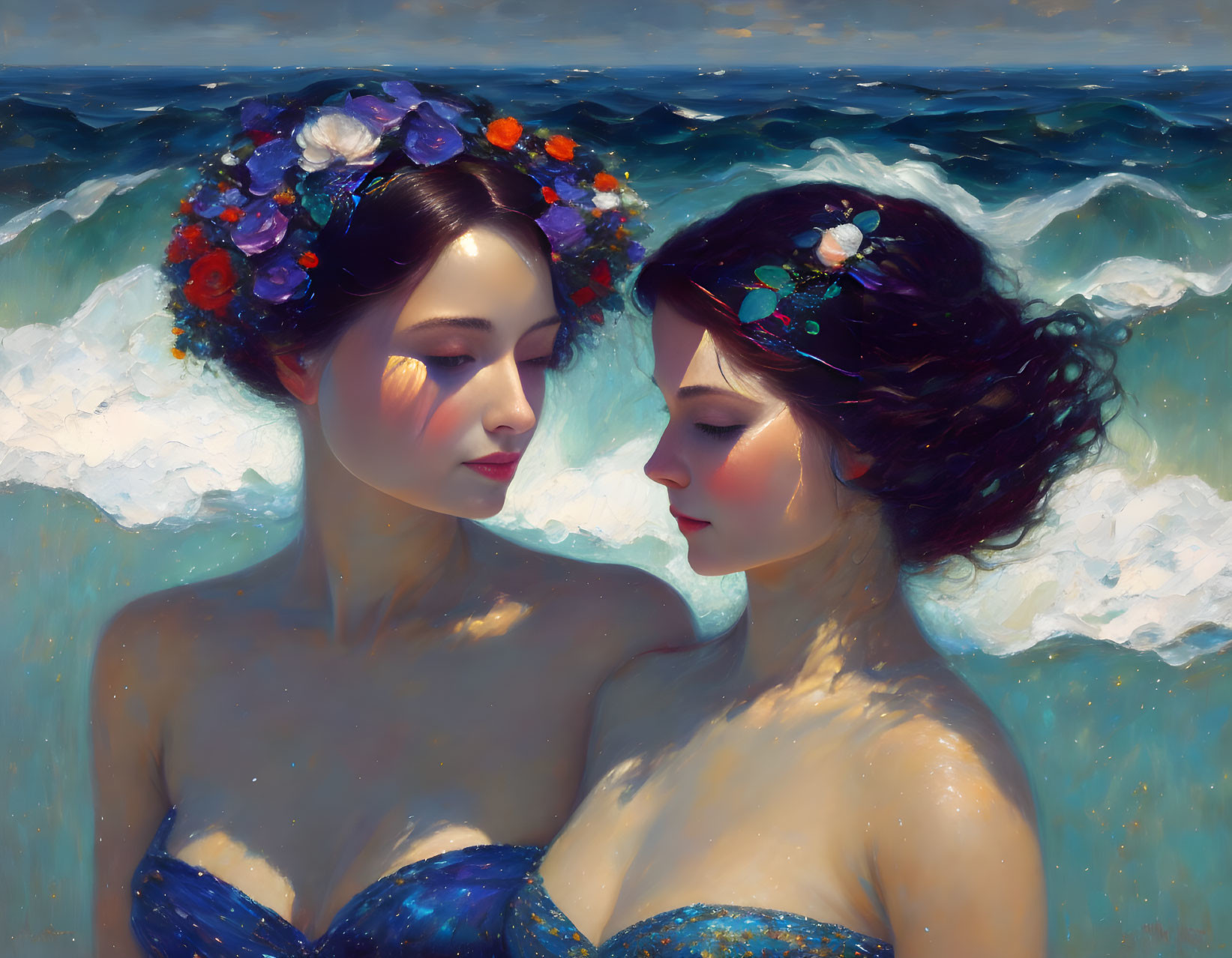 Two Women Wearing Blue with Floral Hair Accessories by Ocean Waves