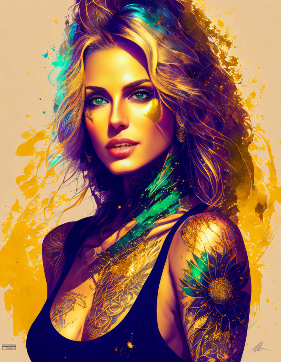 Colorful digital artwork: Woman with flowing hair, vibrant paint splashes, and intricate tattoos