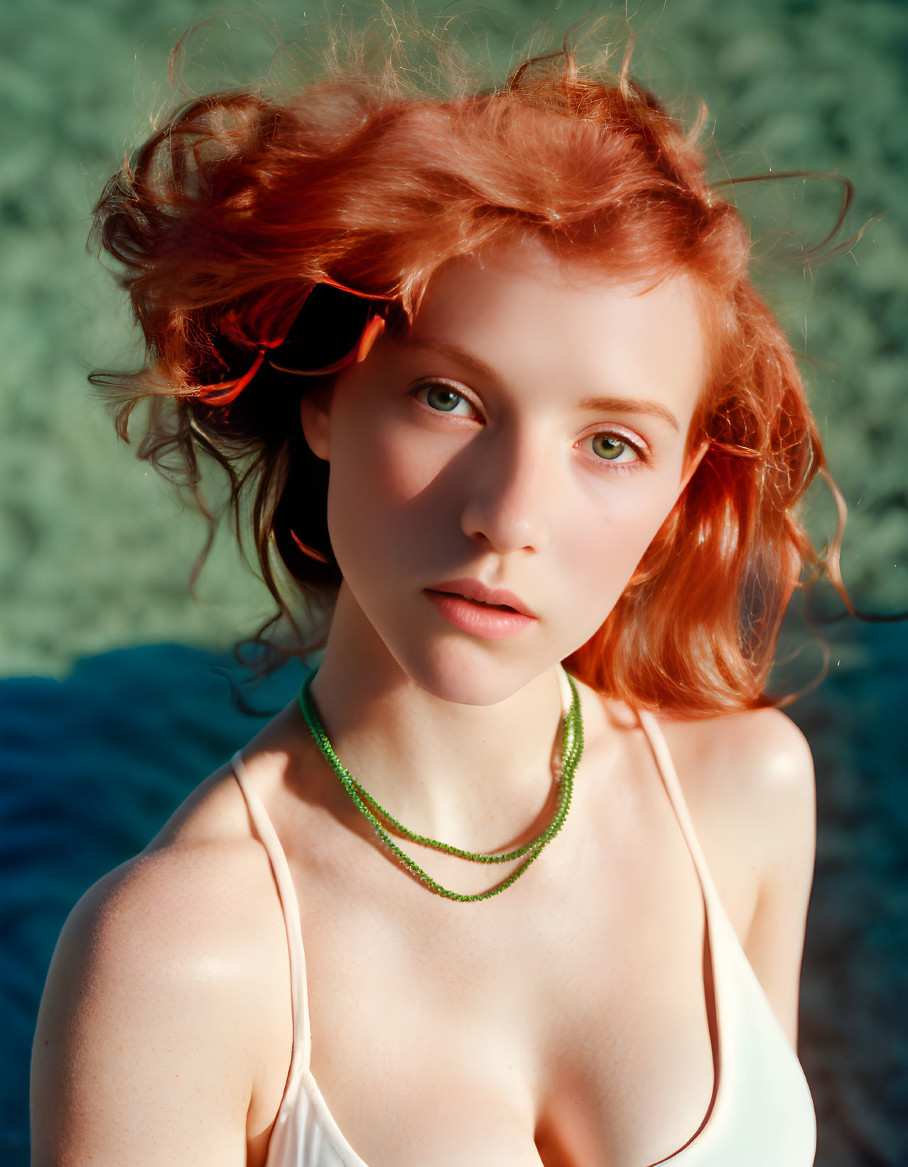 Red-haired woman in white top and green necklace under warm light