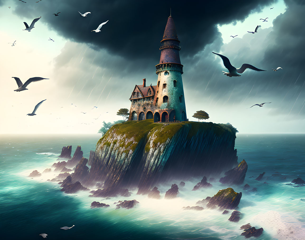 Whimsical tower on craggy islet amidst stormy seas and seagulls