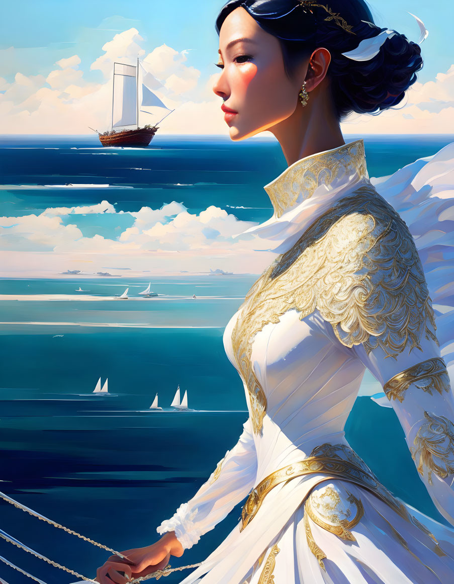 Detailed White-Gold Dress on Elegant Woman Gazing at Sailboats