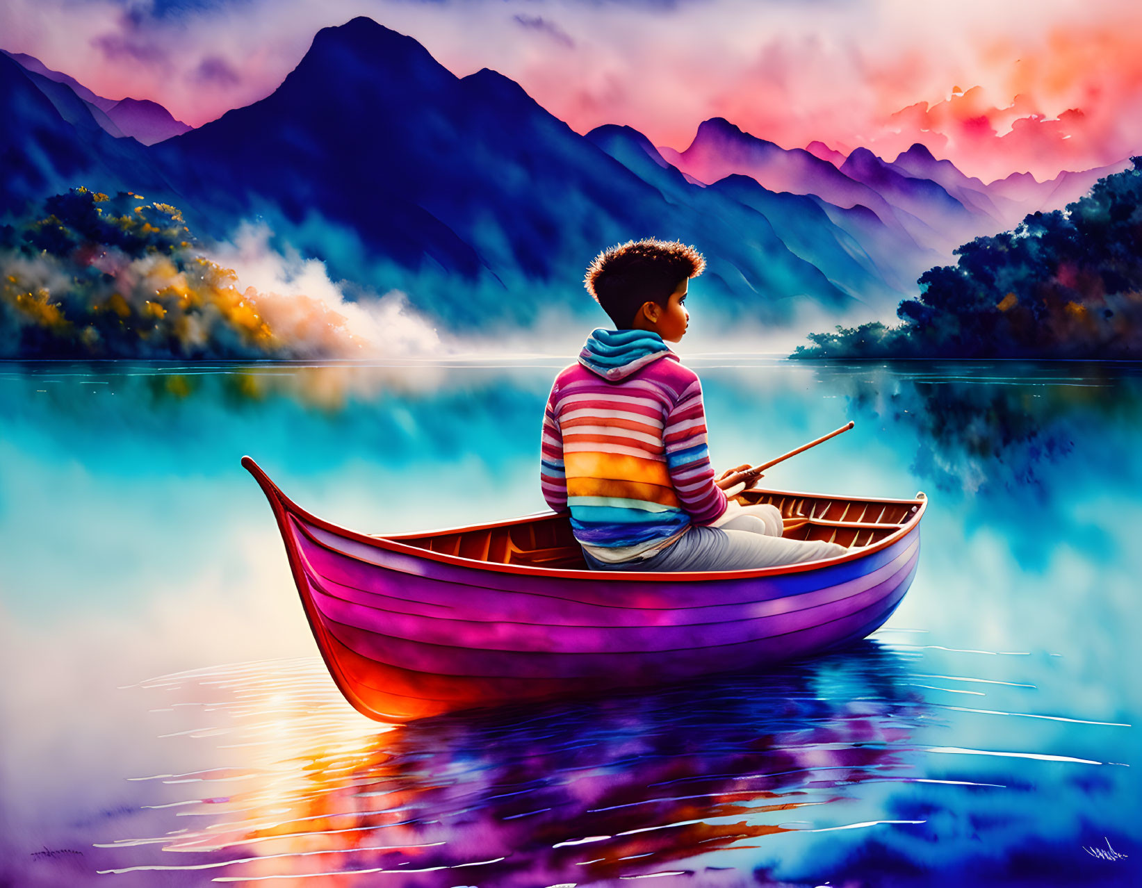 Child in Colorful Boat on Tranquil Lake at Sunrise