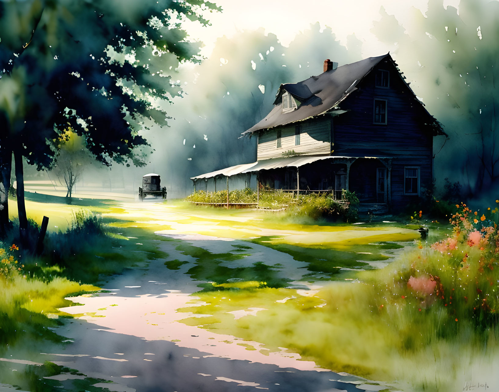 Rural landscape with wooden house, vintage car, and trees