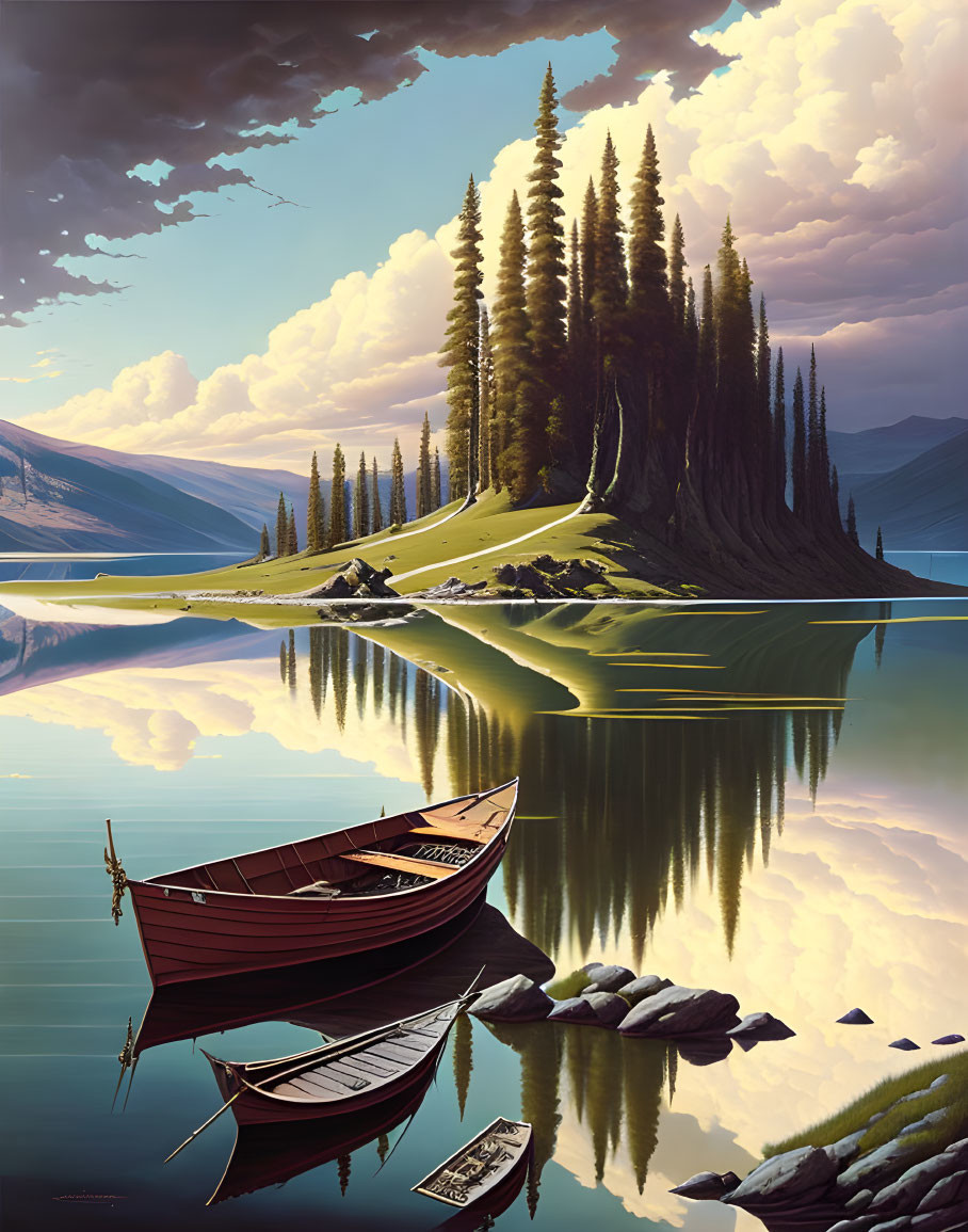 Serene lake scene with island reflection, tall trees, dramatic sky, and wooden boats.