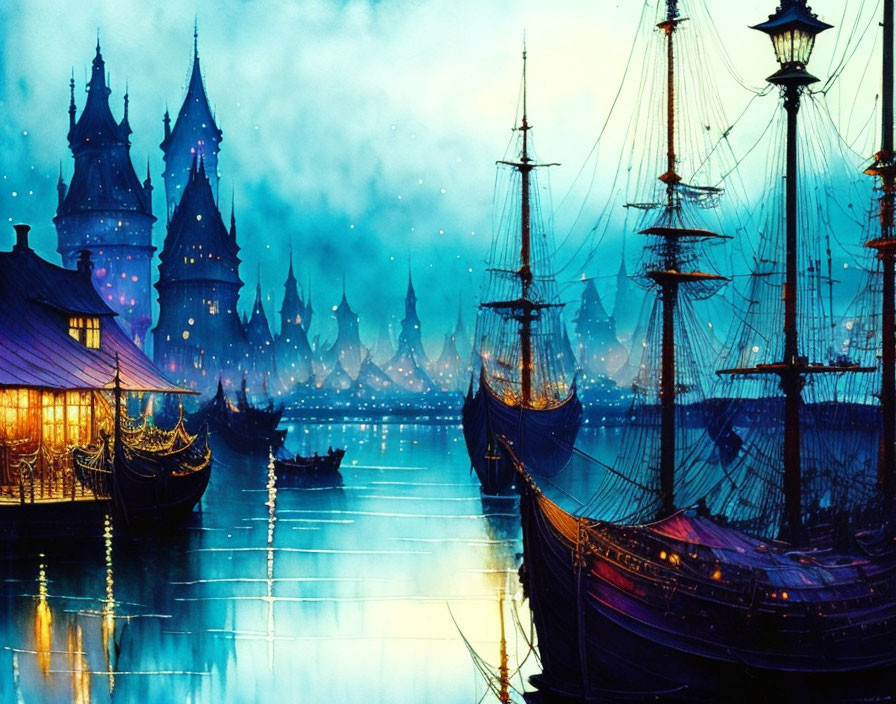 Fantasy harbor at night with illuminated ships and majestic castles.