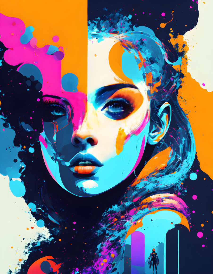 Colorful digital artwork blending a woman's face with abstract blue, orange, and yellow splashes.