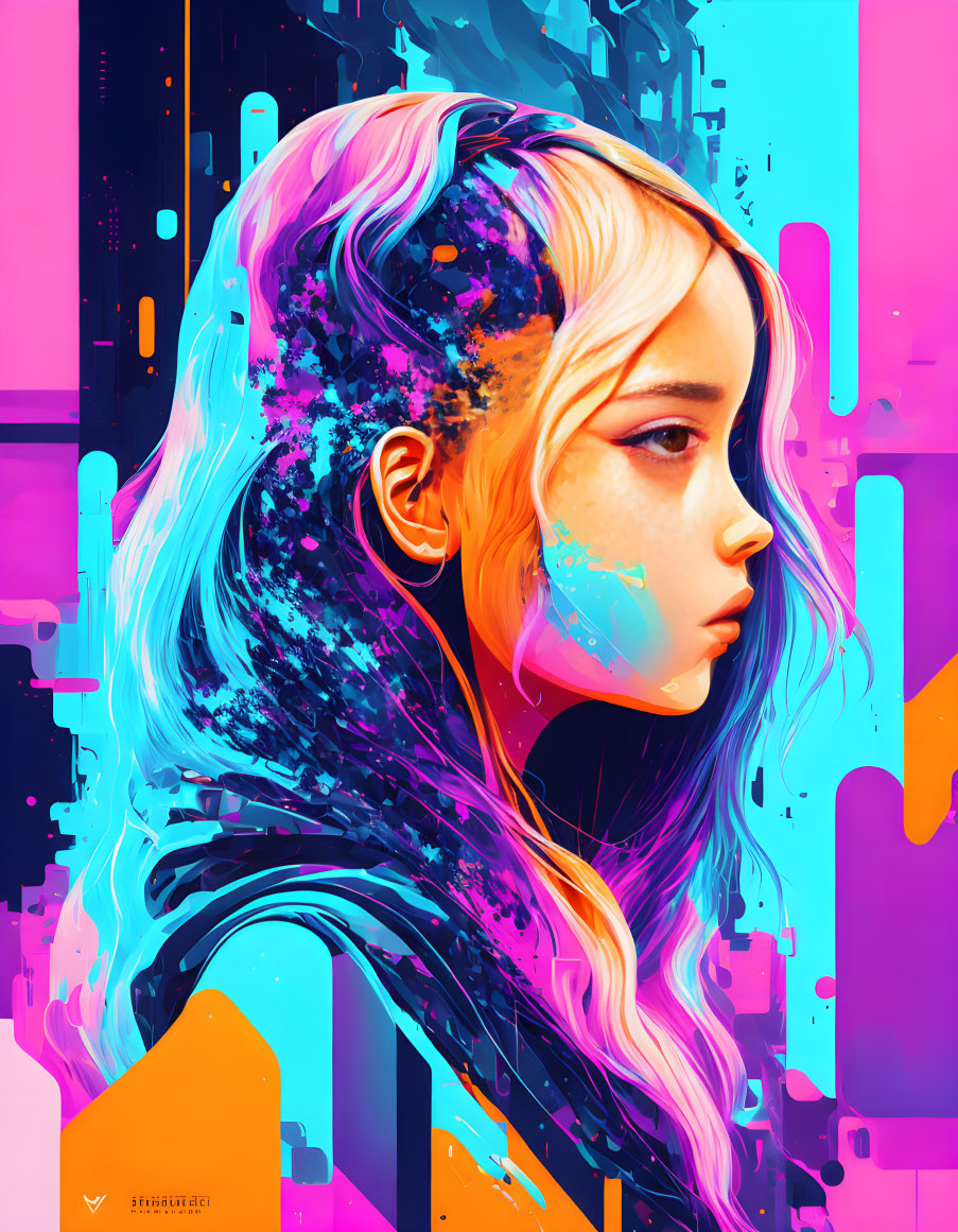 Colorful digital art: woman with cosmic hair blending into abstract backdrop