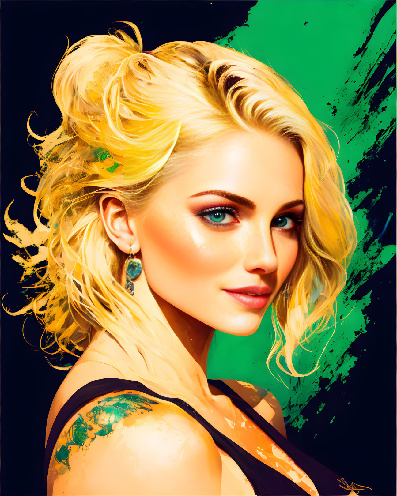 Blond Woman with Blue Eyes and Stylish Makeup on Vibrant Background