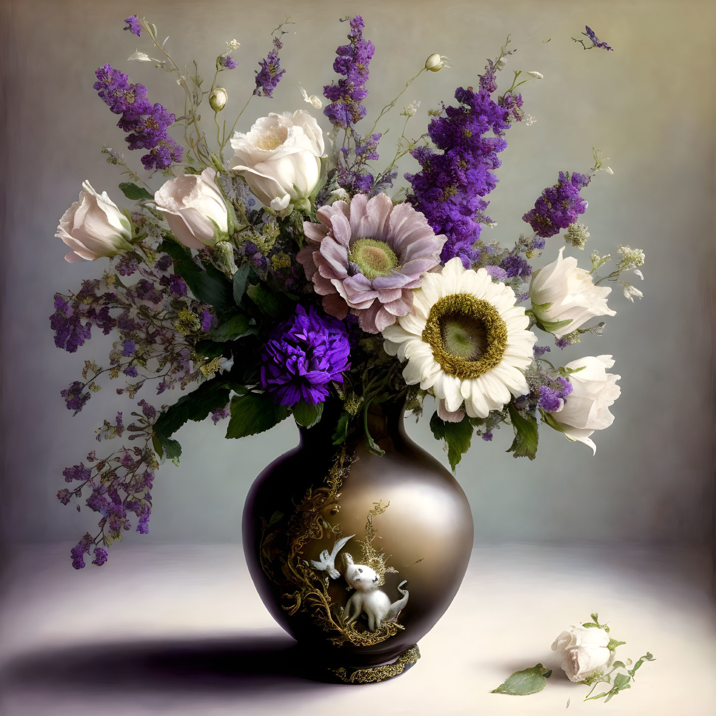 Floral arrangement with white and pink roses, purple flowers, and greenery in ornate vase