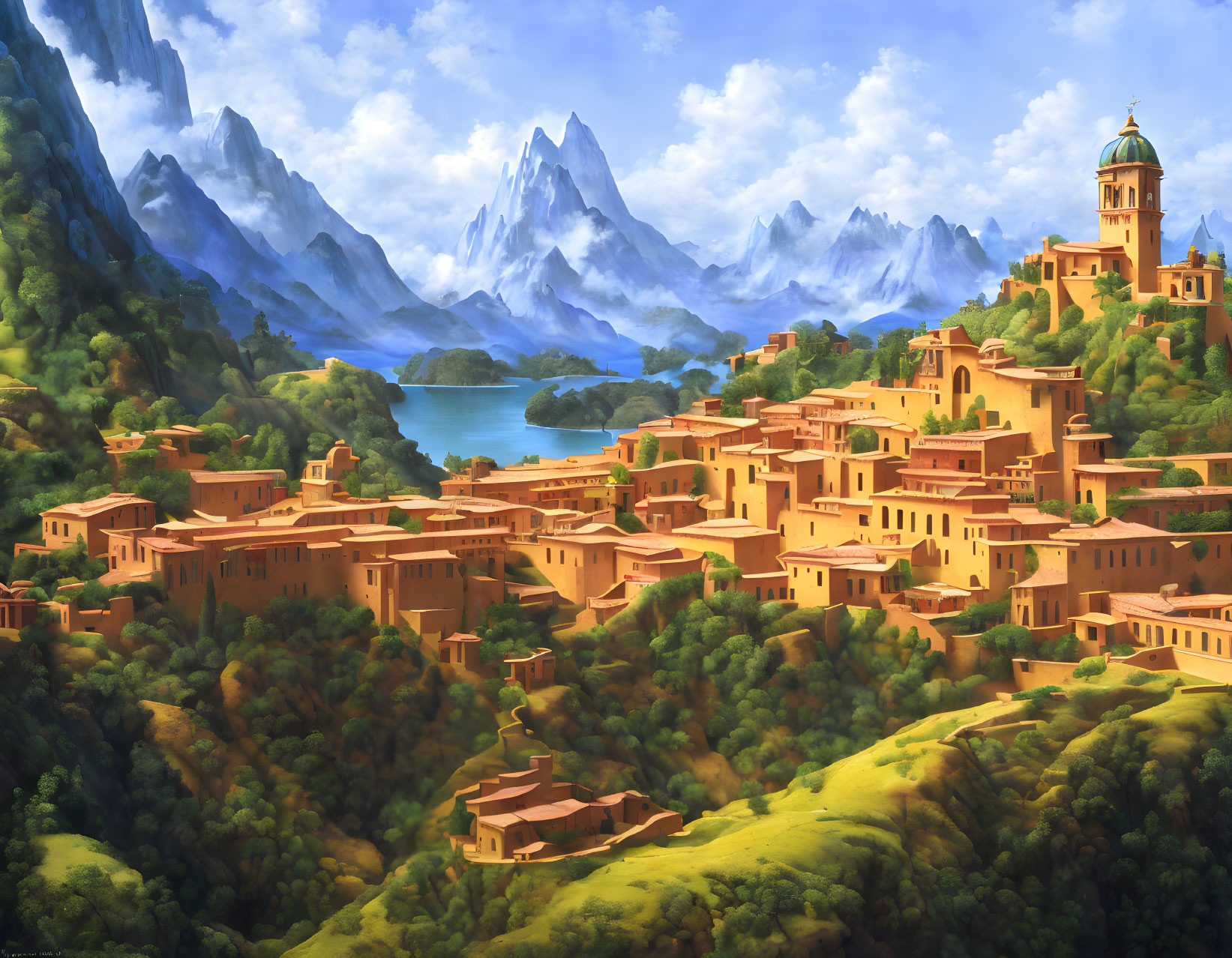 Tranquil village painting with terracotta roofs, nestled in lush green hills