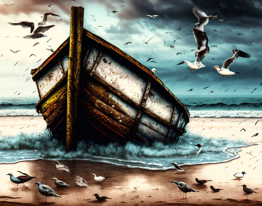 Weathered wooden boat on sandy beach with crashing waves and seagulls under stormy sky