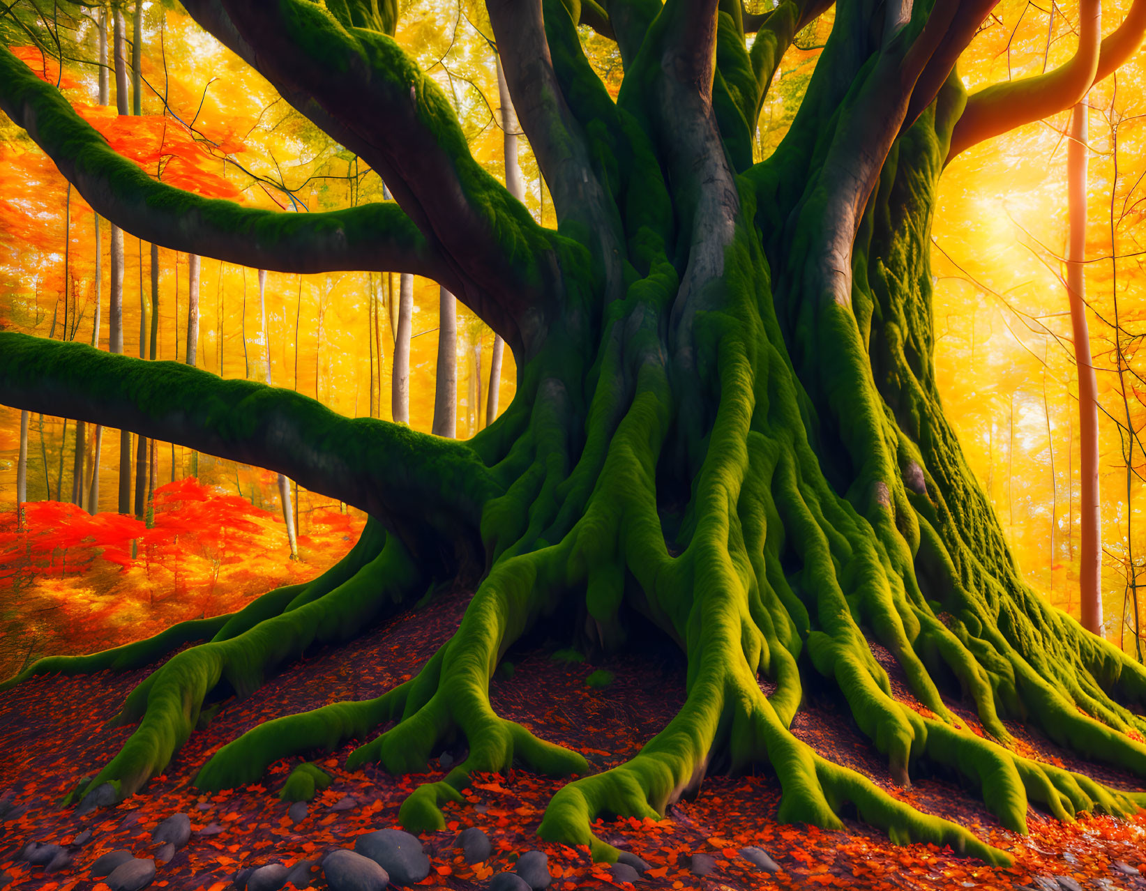 Majestic tree with moss-covered roots in autumn forest