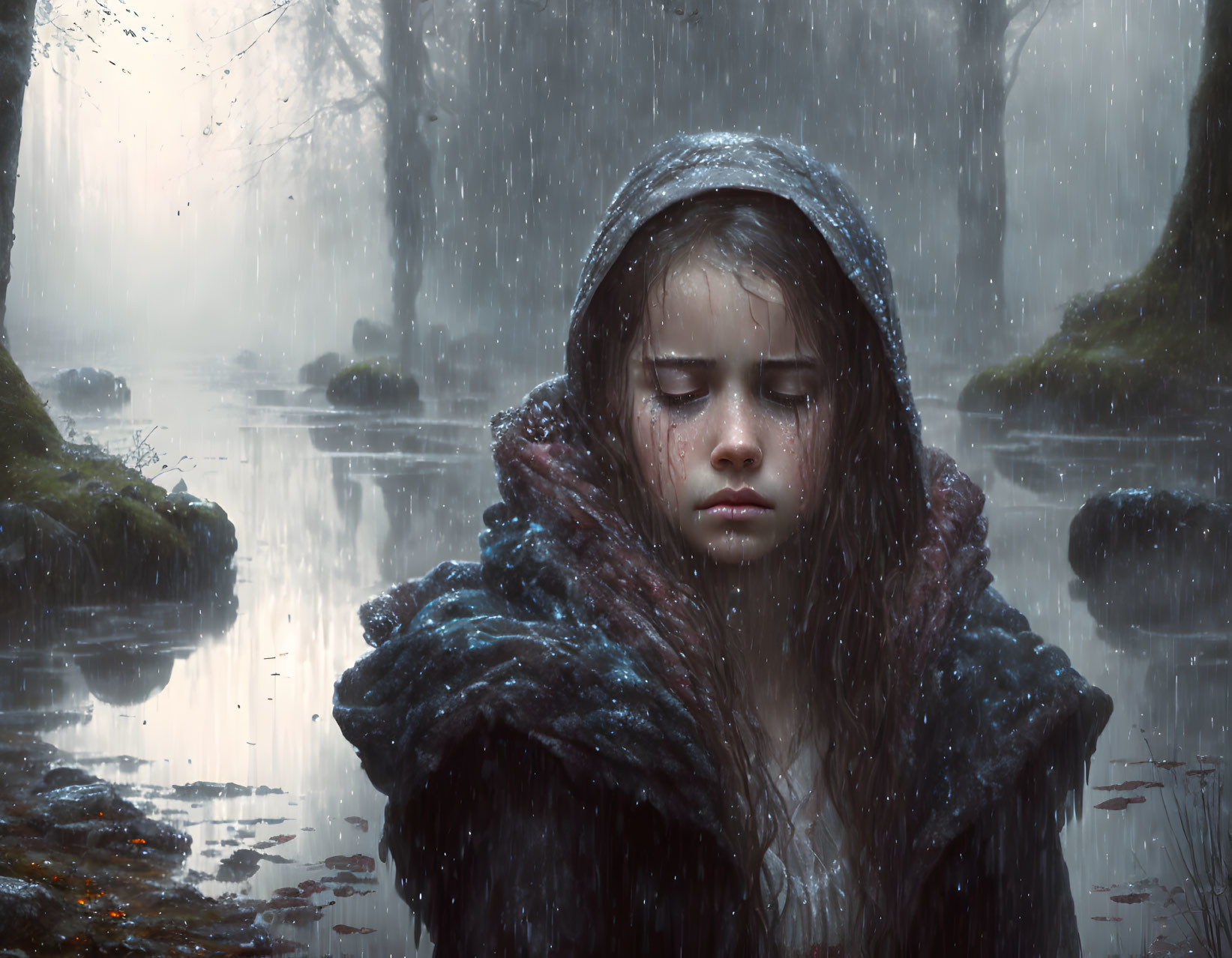 Young girl in hooded cloak standing in misty forest on rainy day