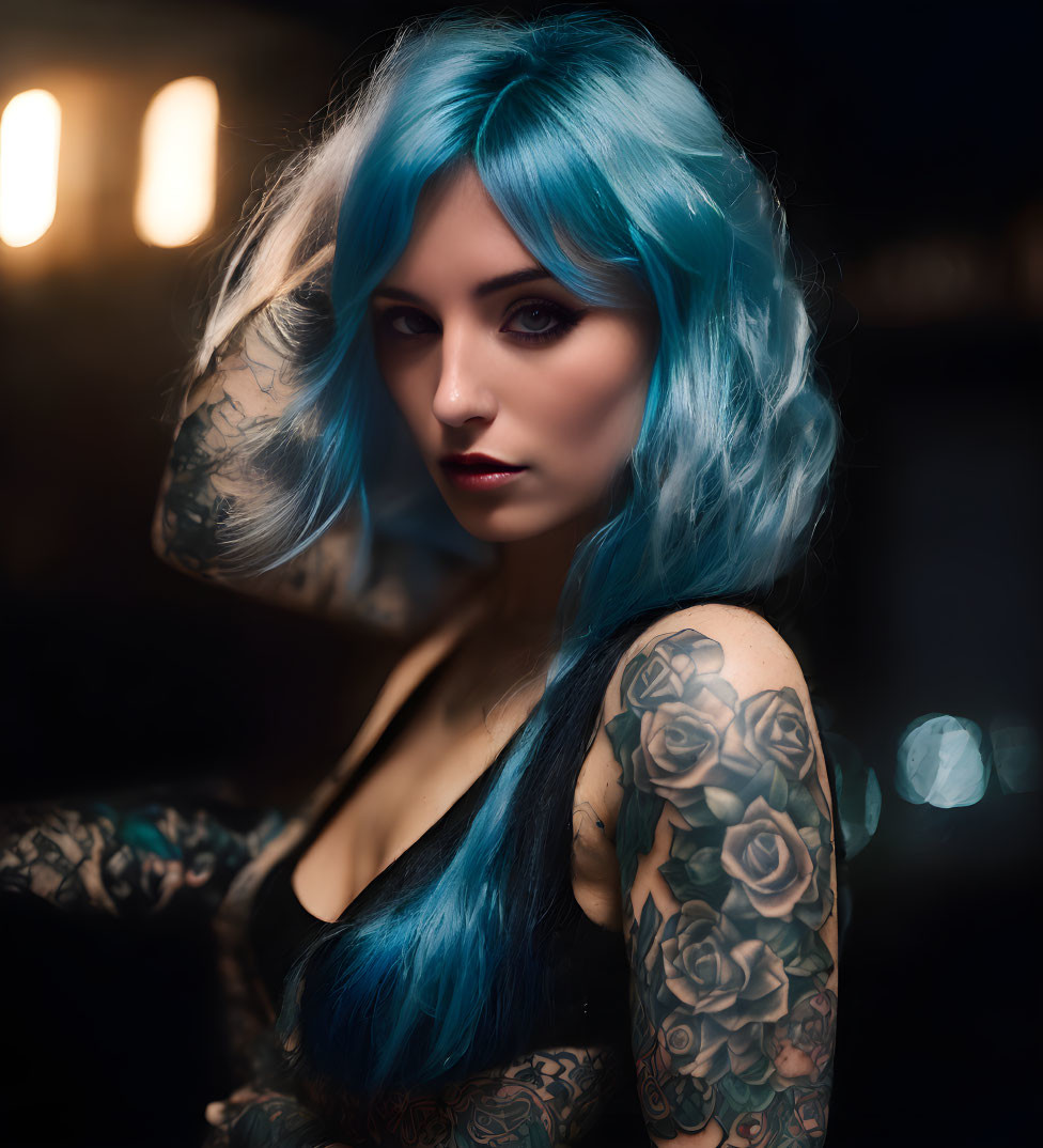 Blue-haired woman with sleeve tattoos under soft lighting