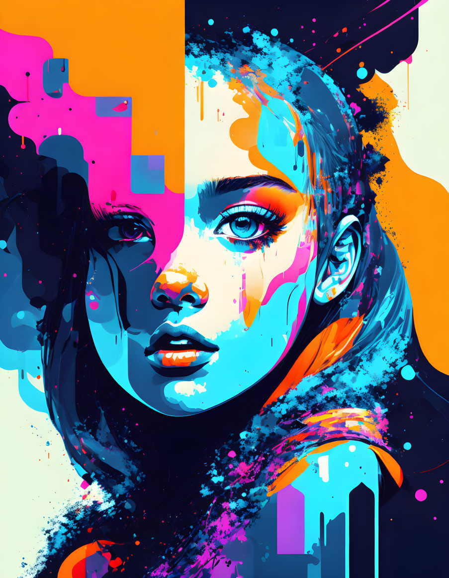 Colorful digital artwork: Woman's face in blue and orange with abstract paint drips.