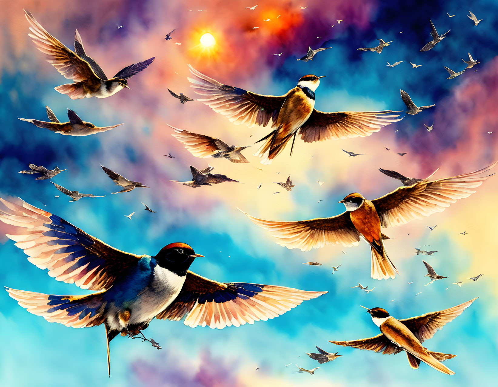 Dynamic Swallows Flying in Colorful Sunset or Sunrise Sky