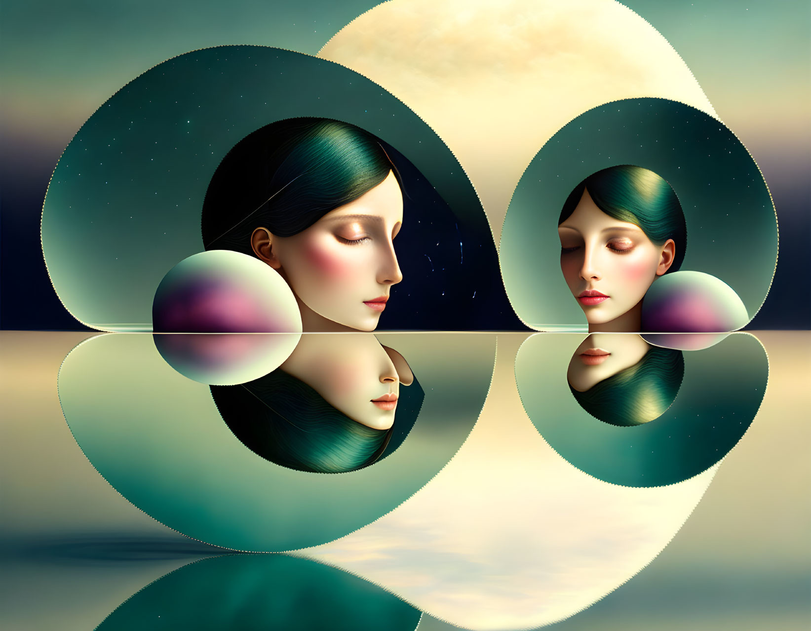 Symmetrical female faces in circular frames over water surface