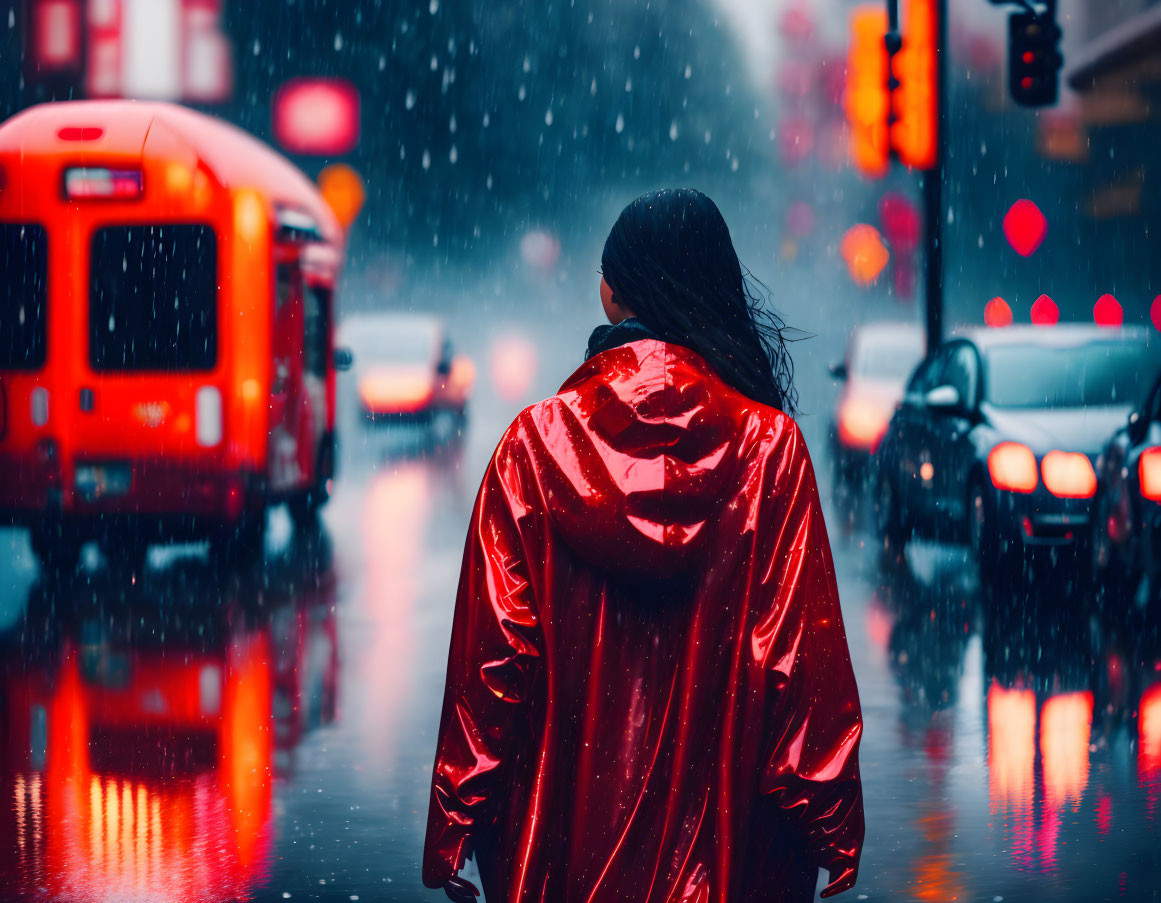 Person in Red Raincoat Stands on Wet Urban Street in Rain