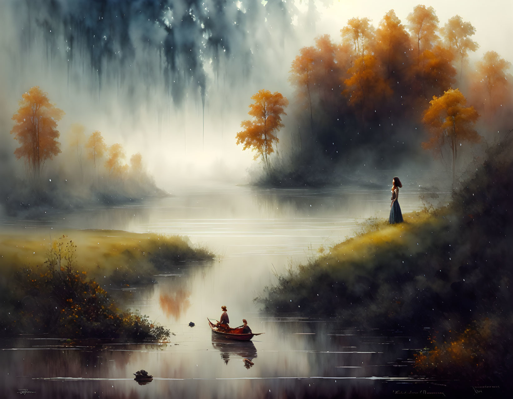 Tranquil autumn landscape with misty river, colorful trees, and solitary figures