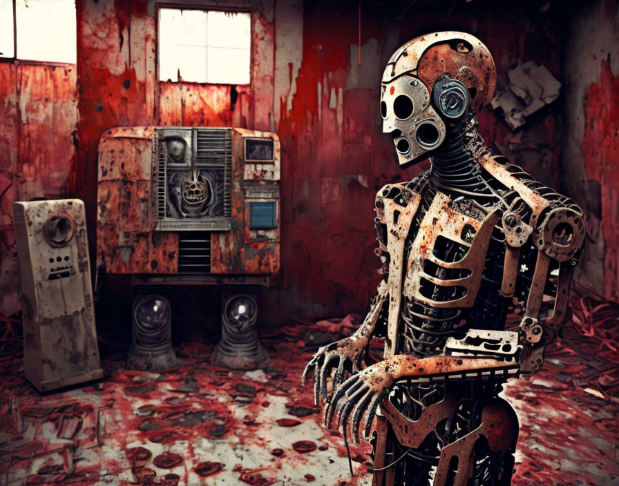 Weathered humanoid robot in decrepit room with rusted walls and old machinery