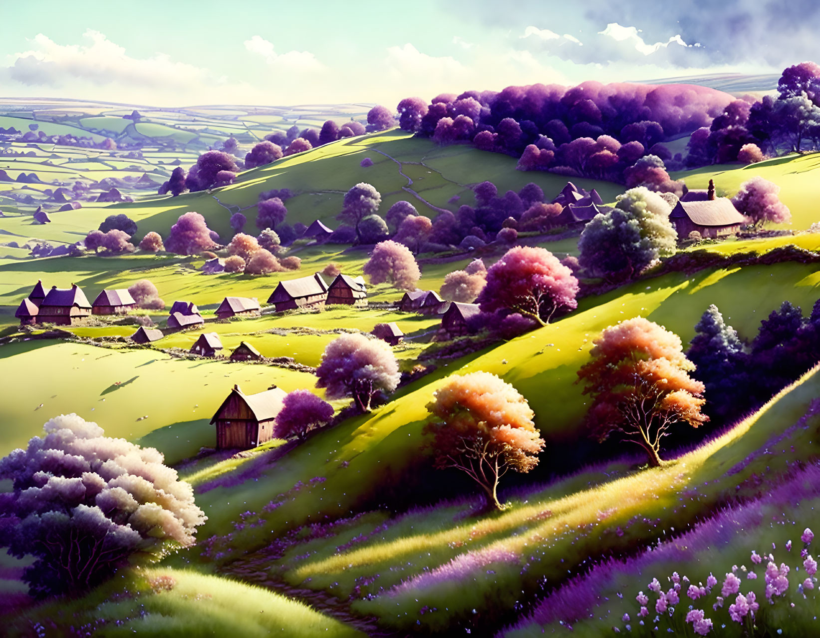 Colorful Stylized Landscape with Rolling Hills and Cottages