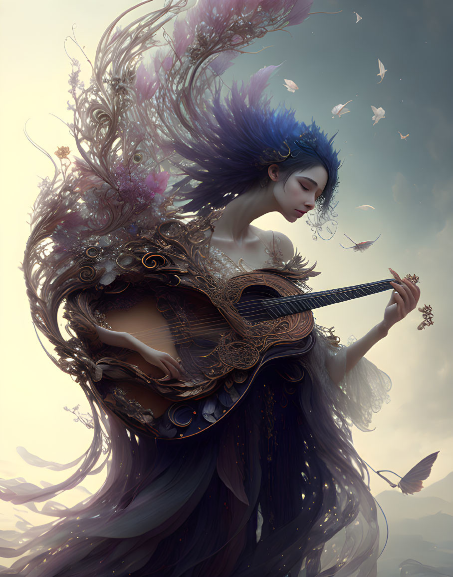 Woman playing guitar surrounded by butterflies and flowers in dreamy setting