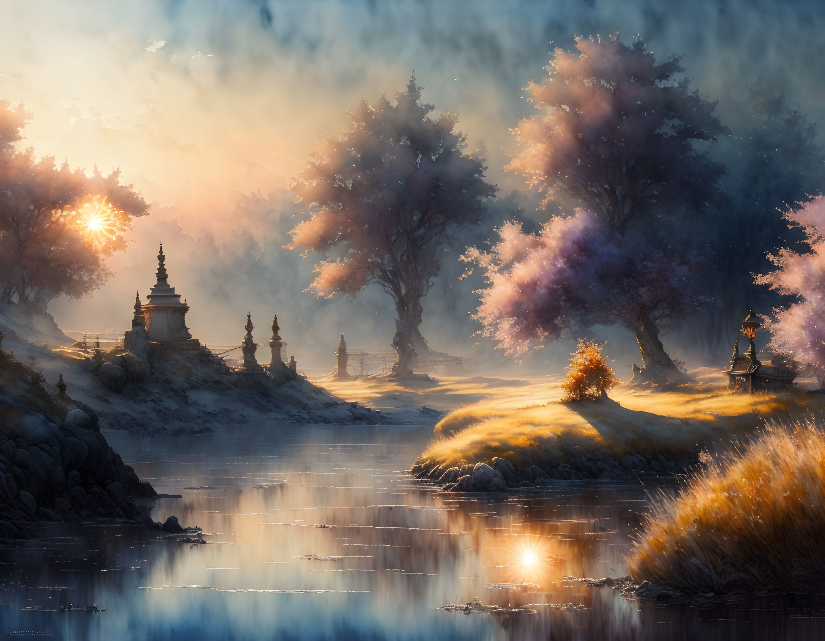 Tranquil landscape with sunrise, mist, colorful trees, and pagoda-like structures