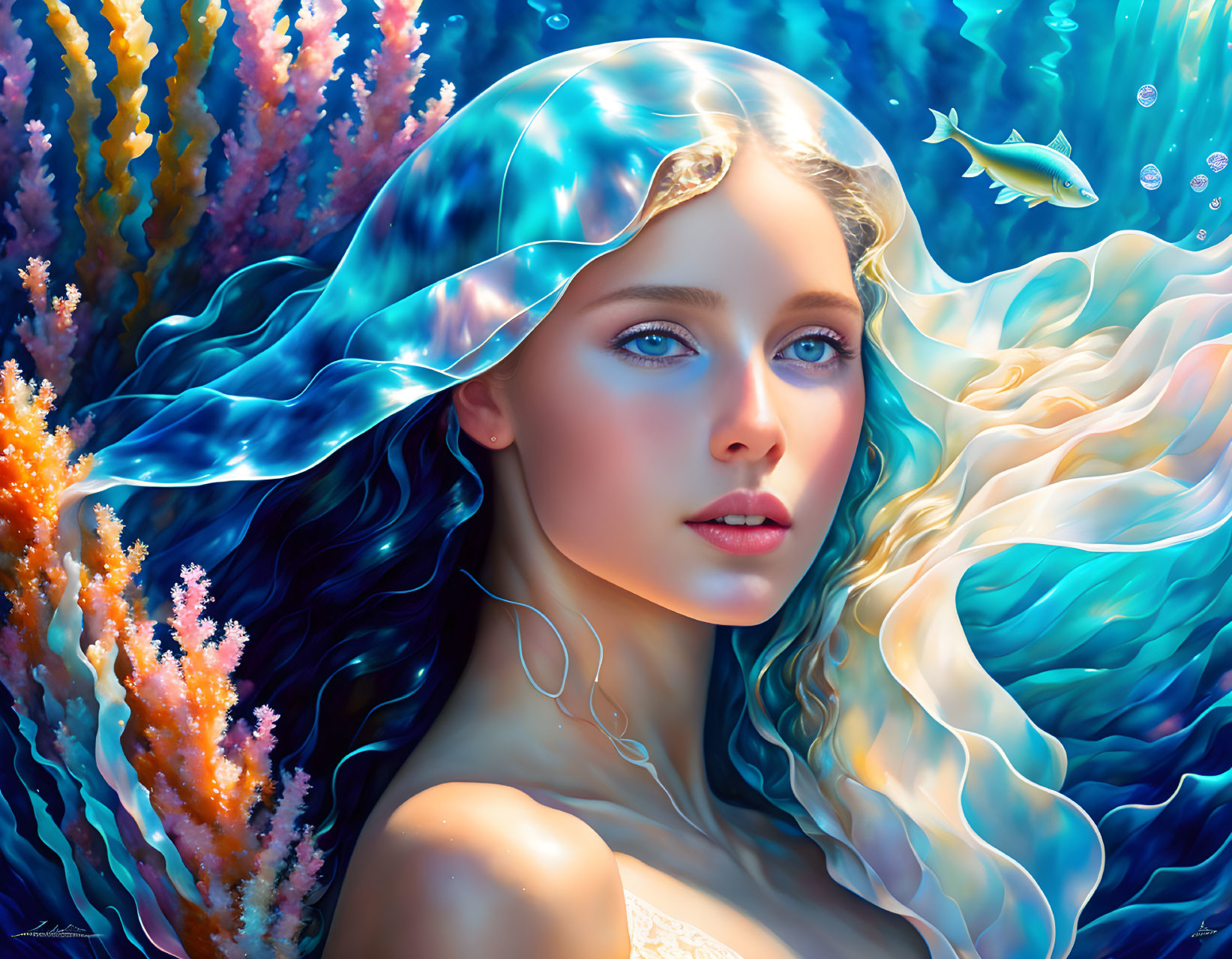 Blue-haired mermaid amidst coral reefs with translucent fins and colorful fish