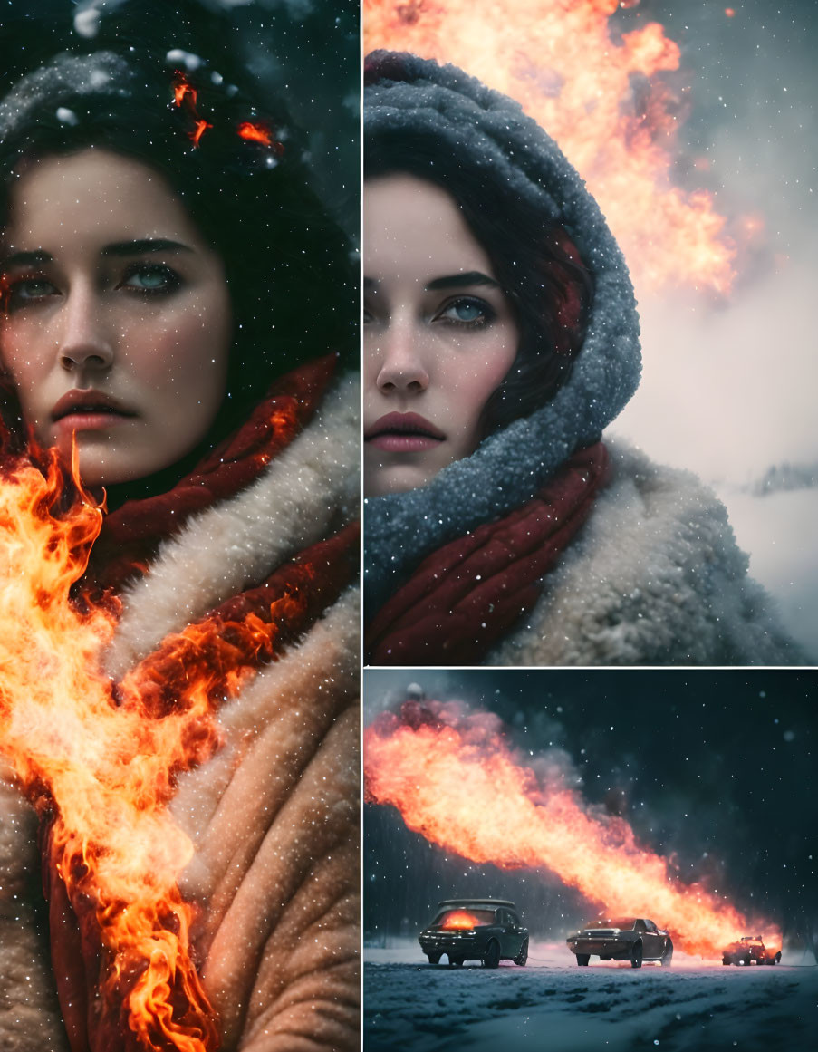 Woman in fur coat with flames and falling snow