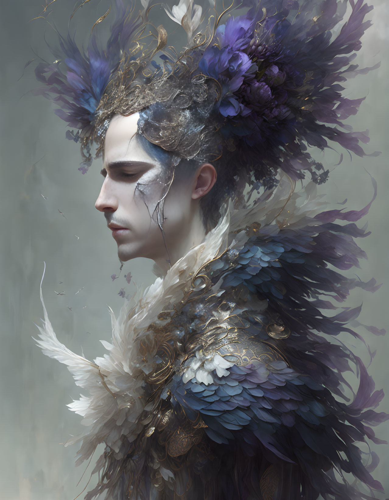 Ethereal person with ornate feathered headdress & textured shoulder adornments