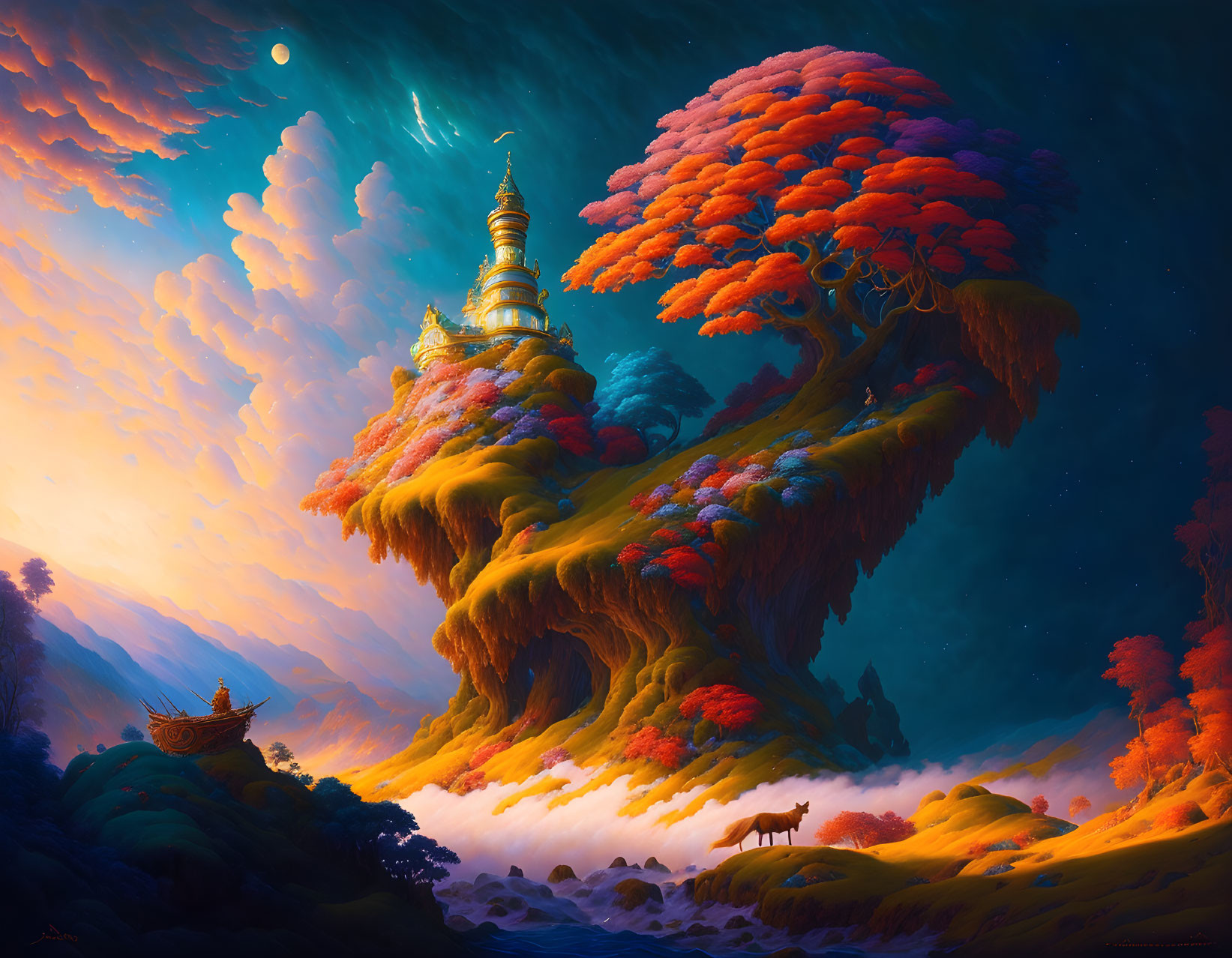 Fantastical landscape with floating tree and golden pagoda under twilight sky