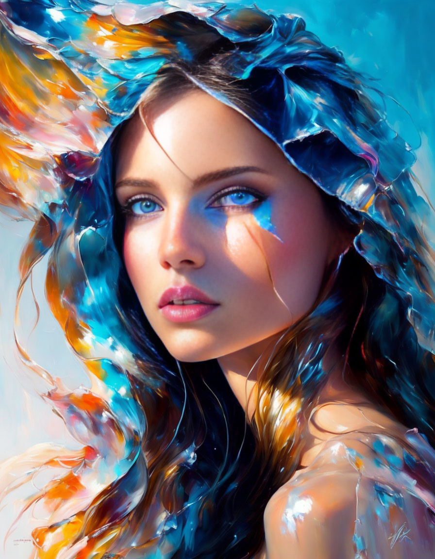 Colorful digital portrait of a woman with flowing liquid-like hair on blue background