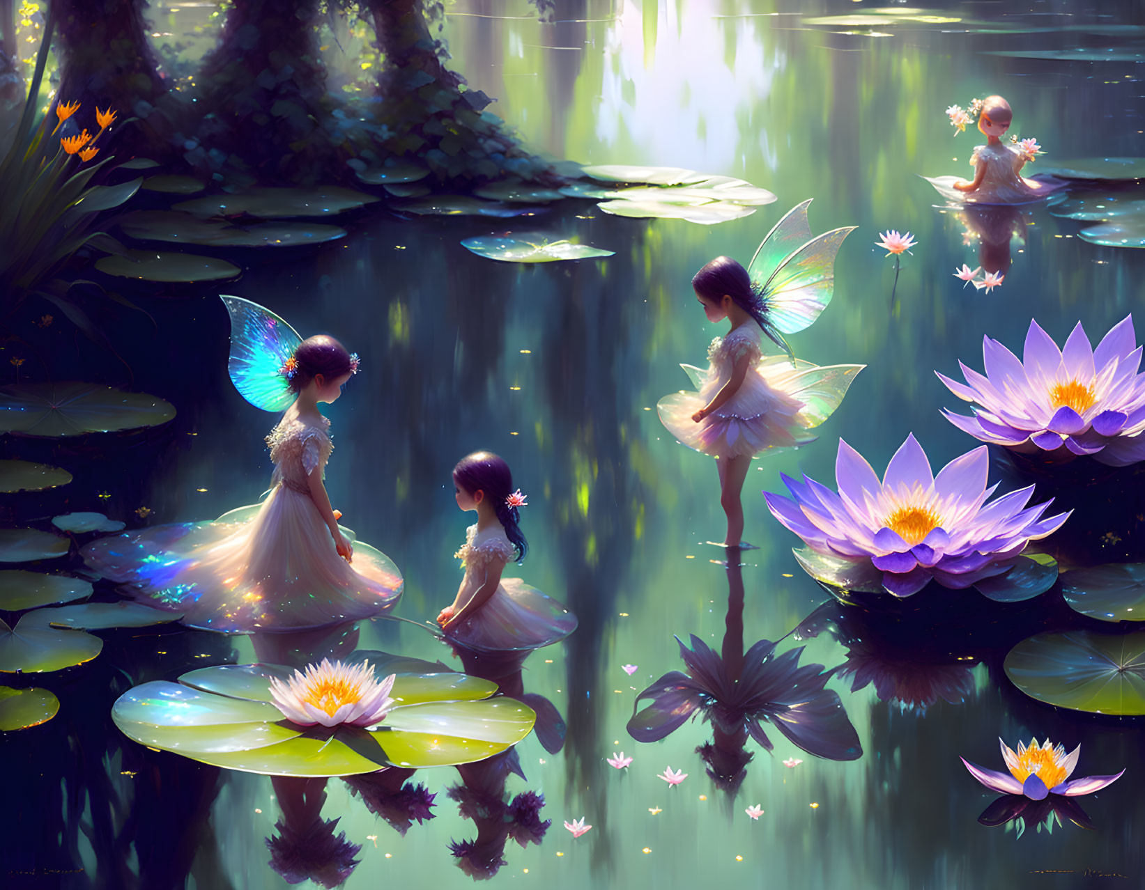 Ethereal fairies on lily pads in tranquil pond