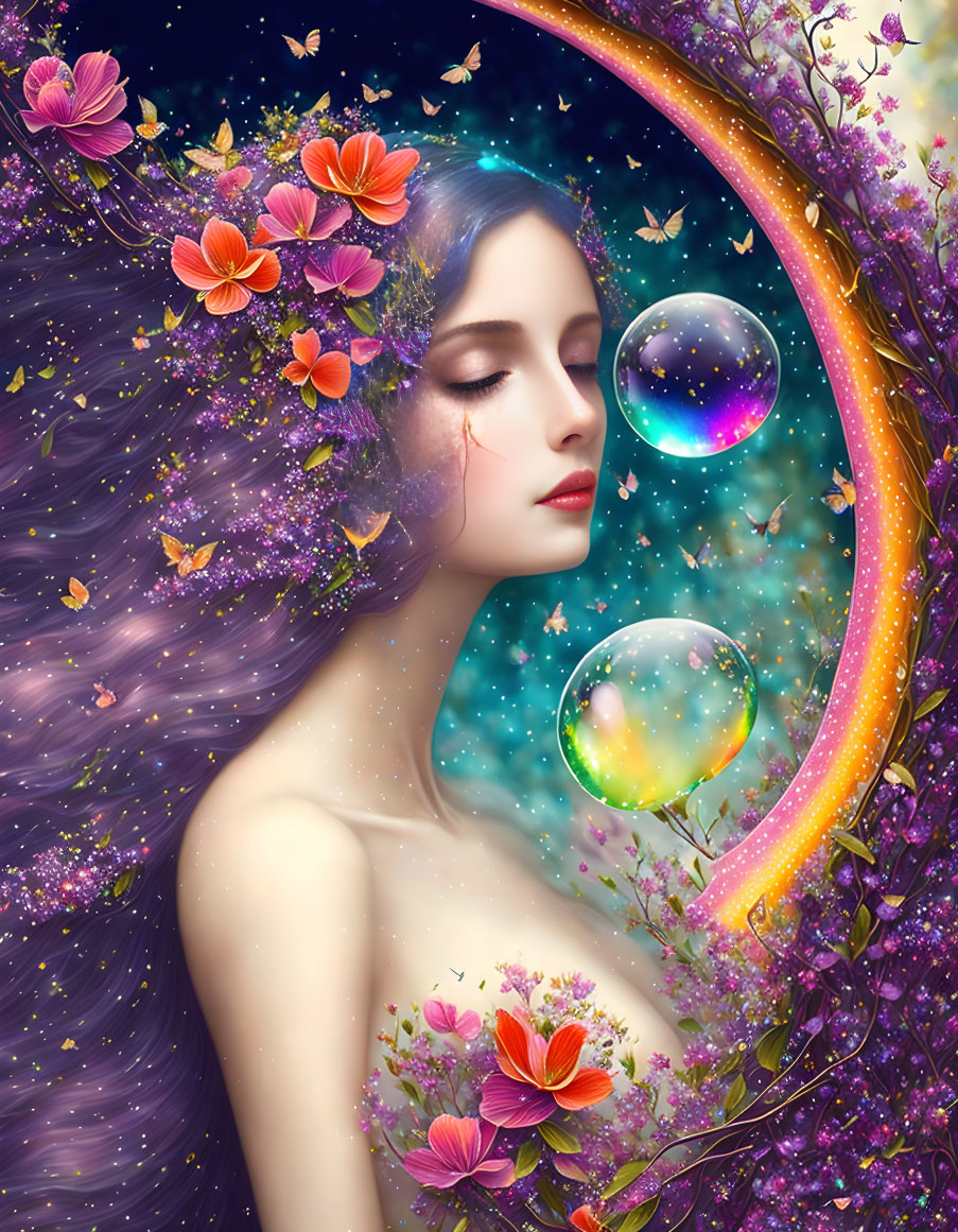 Surreal portrait of a woman with flowers in hair amidst vibrant galaxies