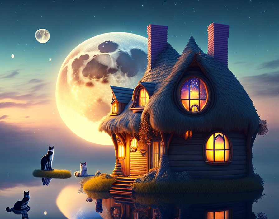 Thatched roof fairy-tale house with cats under starry sky