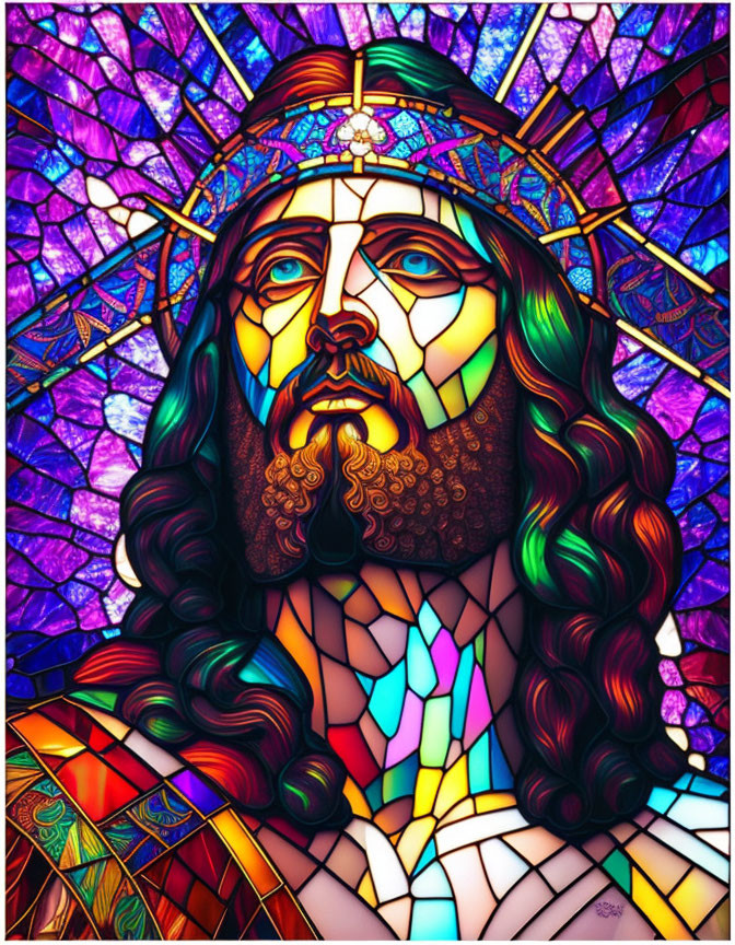 Colorful stained glass-style illustration of bearded figure with crown & intricate patterns