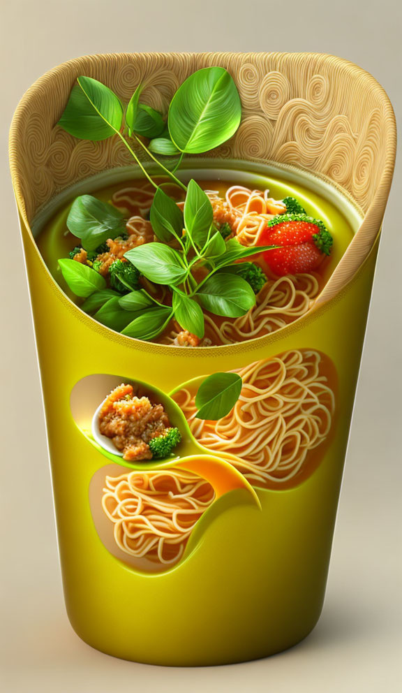 Stylized image of cup noodles with basil, strawberry, and minced meat.