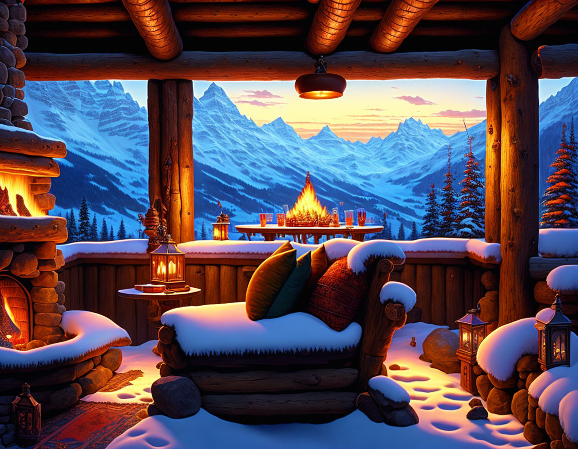 Snowy Mountain View Cabin Interior with Fireplace