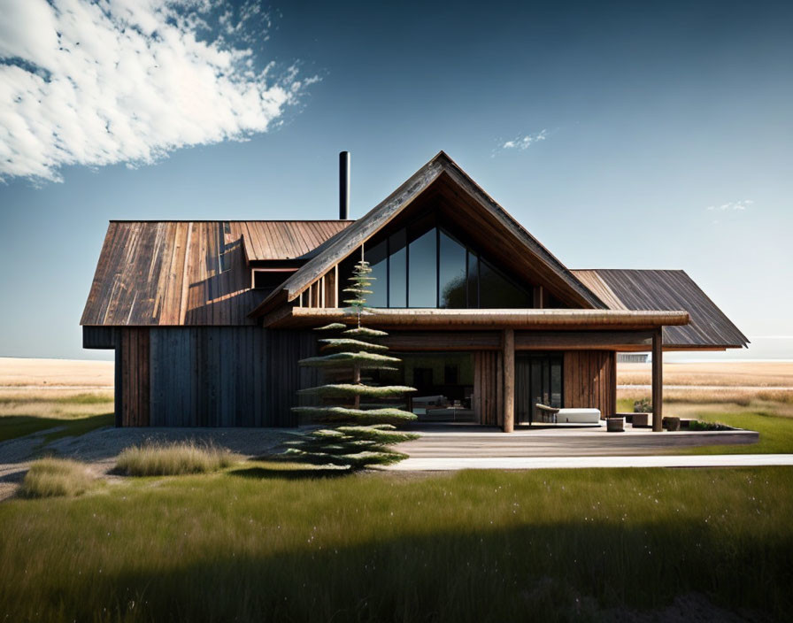 Modern house with large triangular window and dark wooden siding in grassy field