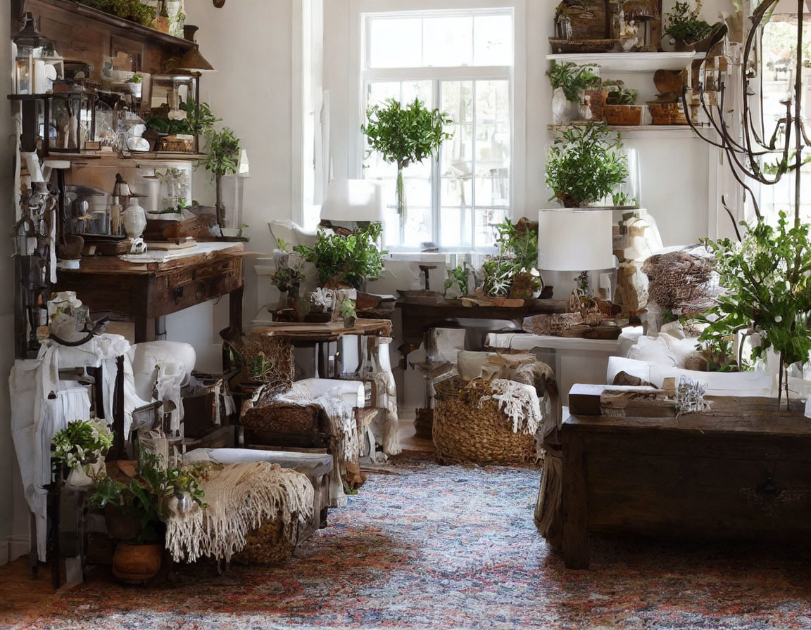 Rustic interior with vintage wooden furniture and natural decor